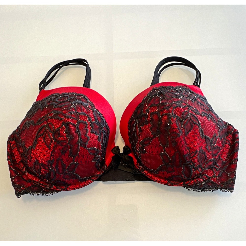Victoria's Secret Very Sexy Plunge Underwire Lace Floral Bow Bra 38D Red/Black